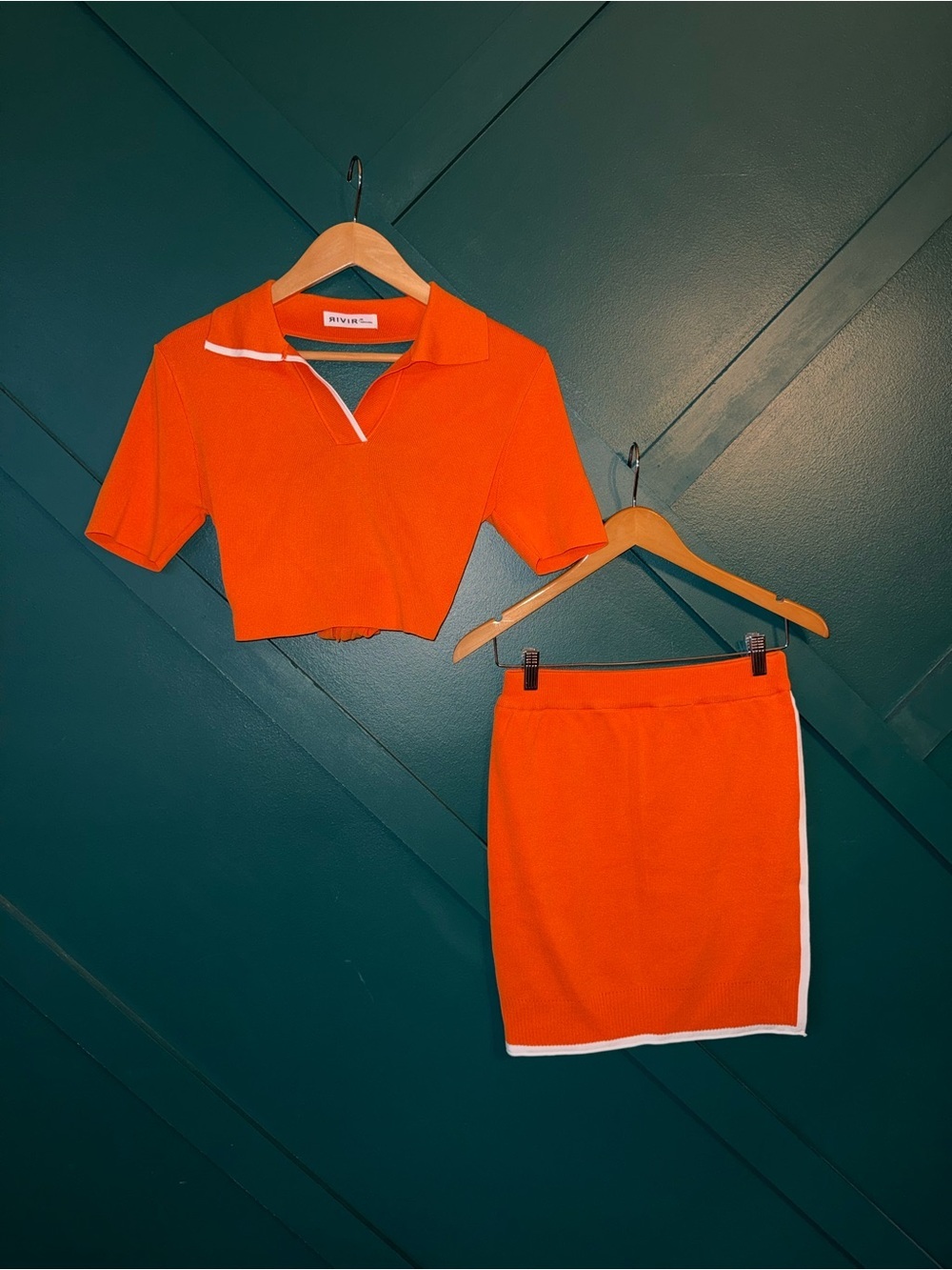RIVIR Orange Knit 2 Piece Skirt Set Crop Polo Top Y2K Preppy Tennis Outfit - Picture 3 of 10
